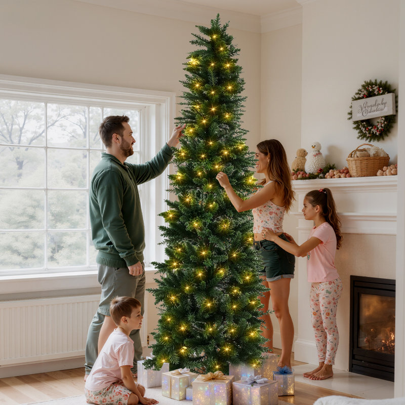 Arbre de Noël pré-éclairé avec lumières incandescentes, vert, H 9 pi