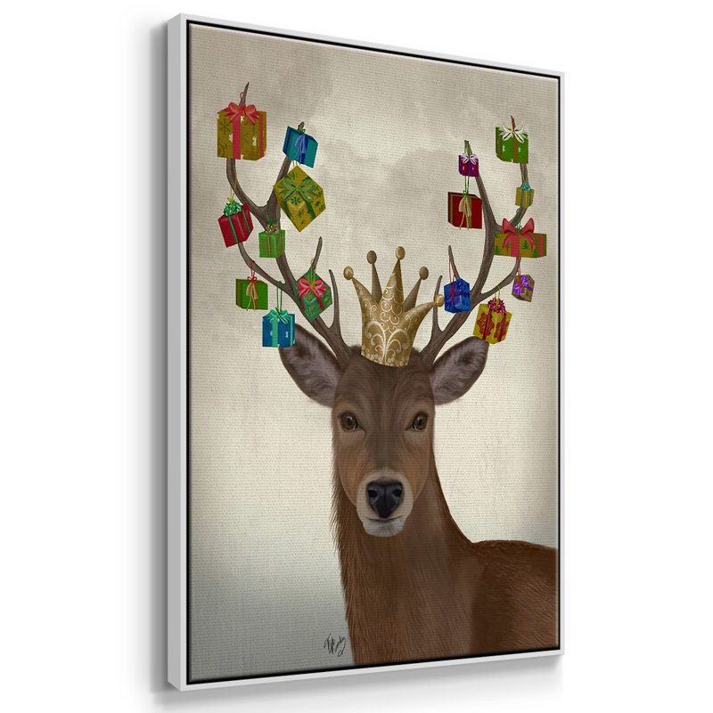 Cerf portant un cadeau de Noël, H 25 po x l 17 po x P 1,5 po, Blanc