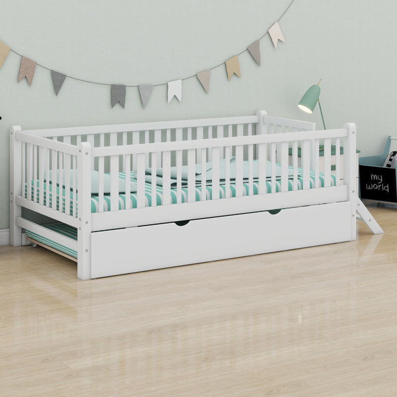 Wood Platform Bed With Guardrail And Trundle, White