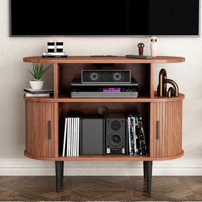 Grand support de tourne-disque rond avec station de charge et ports USB, armoire de rangement de disques, support de table tournante moderne Mid-Century