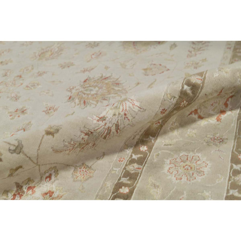 Tapis crème / brun en laine noué à la main de conception unique 7 pi 8 po x 9 pi 9 po