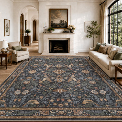 Soft Vintage Floral Washable Non-Slip Area Rug For Living Room, Bedroom Charcoal & Sage Green