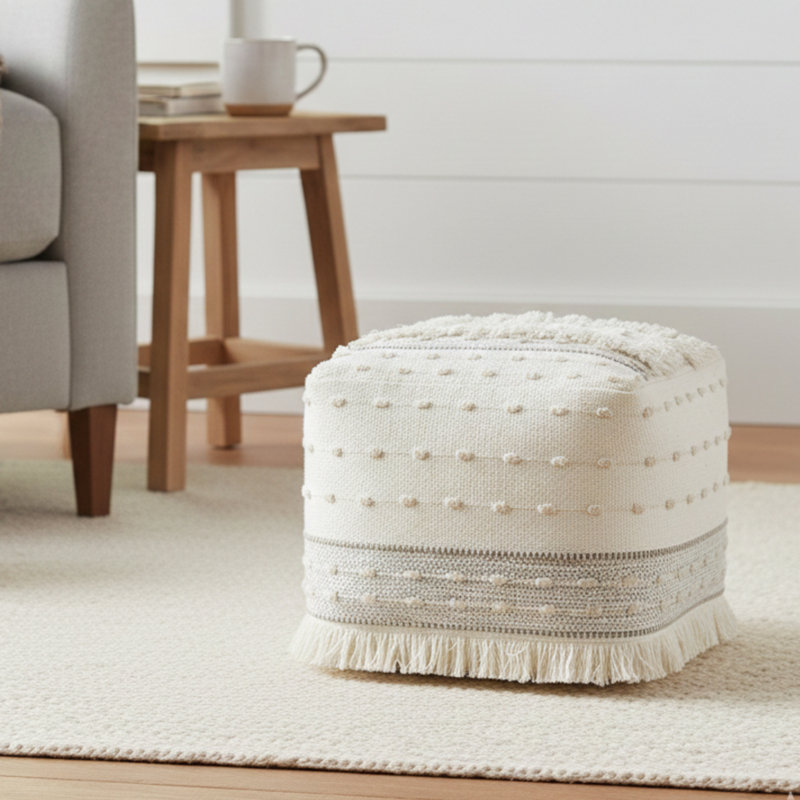 Mcginty Square Petite Upholstered Cotton Pouf, Beige, Cream