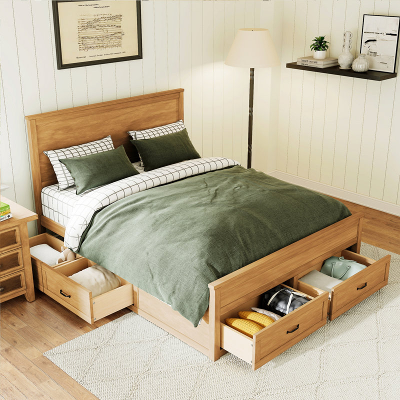 Modern Wood Storage Bed Frame With 6 Drawers, Platform Bed With Wooden Slats Support, Seadrift
