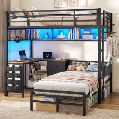 Lit superposé simple au-dessus de simple avec bureau en L et lumières à DEL, lits superposés robustes avec bibliothèque, tiroirs de rangement et station de charge, lit superposé en forme de L avec barrière de sécurité pour enfants, peu encombrant, noir