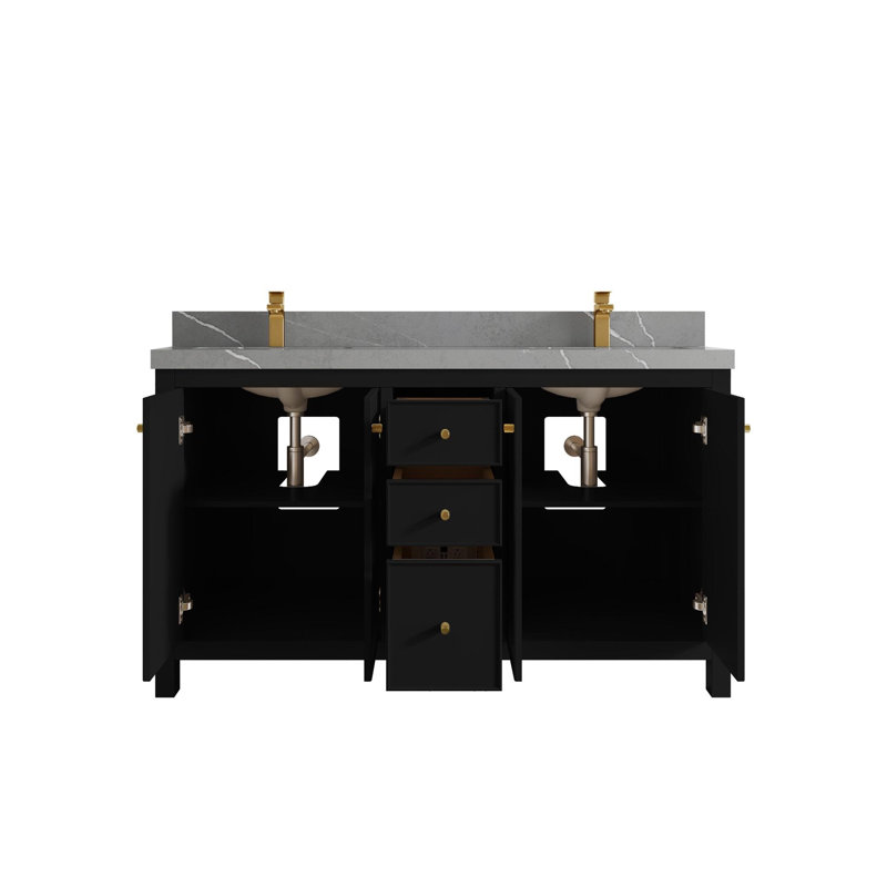 Meuble-lavabo double 60 po avec plateau en quartz Bronya