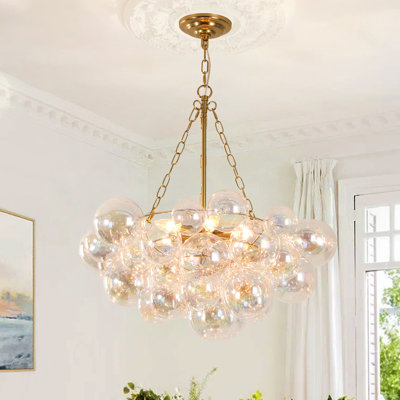 6-Light Brass Chandelier With Colorful Globe Glass, 25 Inch Mid-Century Bubble Ceiling Light