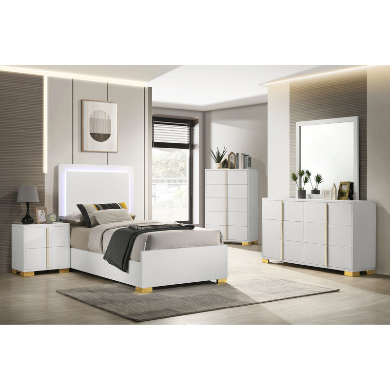Ensemble de chambre à coucher 5 pièces Sabrielle, Blanc, Simple, 5 Pcs: Bed, Nightstand, 2 Dressers, Mirror