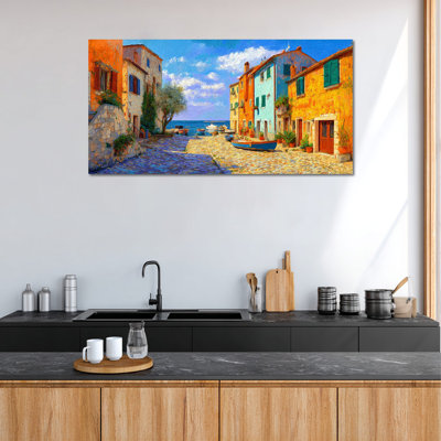  Amalfi Coast Canvas Wall Art, Mediterranean Italian Street Painting Vibrant Village Picture, Coastal Italy Canvas Wall Decor Lemon Italian Wall Art for Living Room Bedroom 12x24"