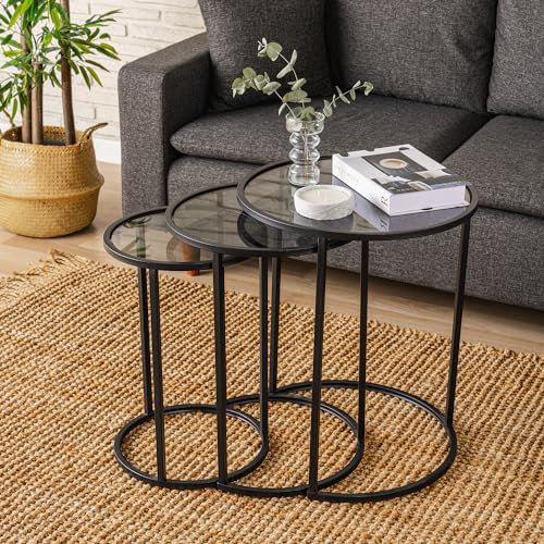 Alya Round Black Metal and Glass Nesting Tables, Set of 3