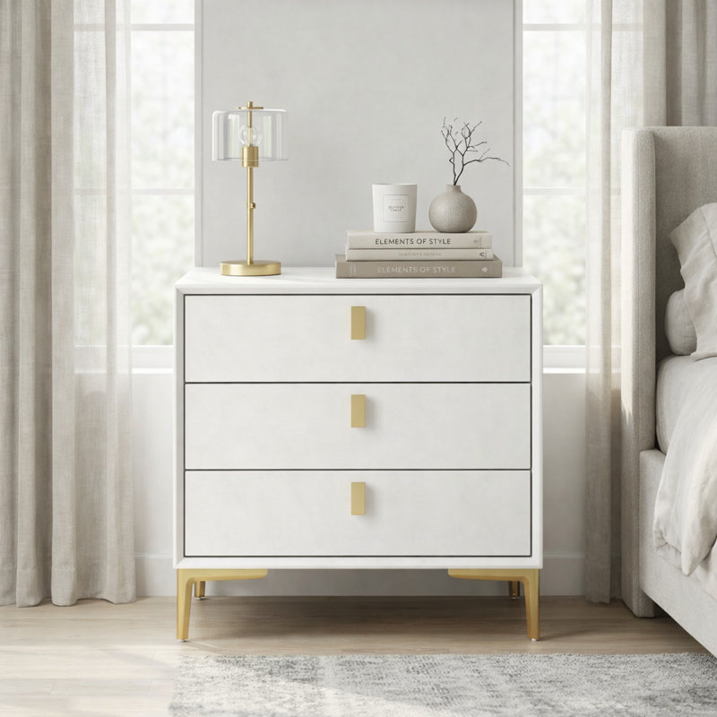 21.3" Tall Modern Nightstand, 19.6'' Wide White Bedside Table W/3 Storage Drawers