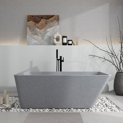 65'' Freestanding Soaking Terrazzo Bathtub With Center Drain In Gray