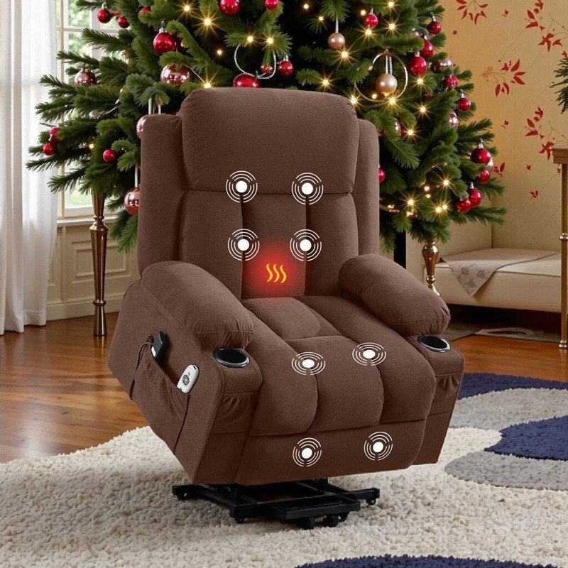 Power Lift Recliner Chair with Electric Heat, Vibration Massage Remote Control, USB Port and Storage Pockets, Brown