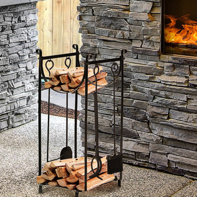 Support de rangement intérieur et extérieur pour bois de chauffage avec outils - 2 couches, noir, capacité de 154 lb, support à 2 tablettes 14,5 po x 13,84 po x 30,72 po, acier noir, tablette inférieure 132 po, L 14,5 po x l 13,84 po x H 30,72 po