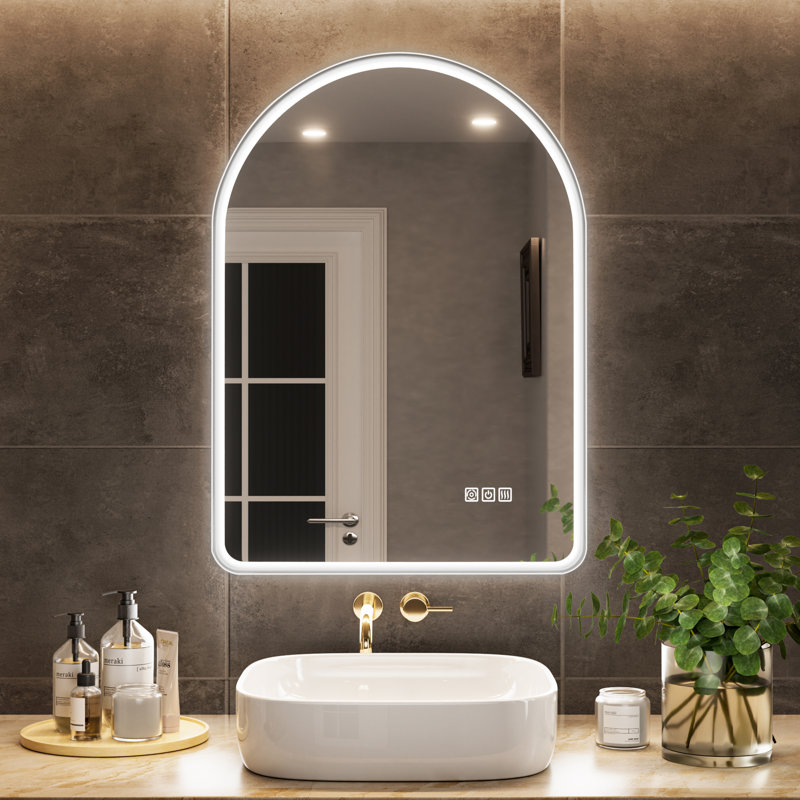 Miroir mural arqué à DEL avec désembueur, miroir de salle de bain, 30 po x 22 po