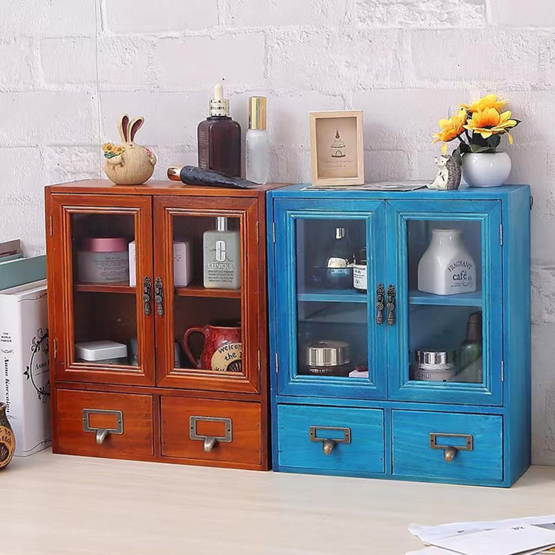 Vintage Mini Wood Counter Top Cabinet,Display Case With O...