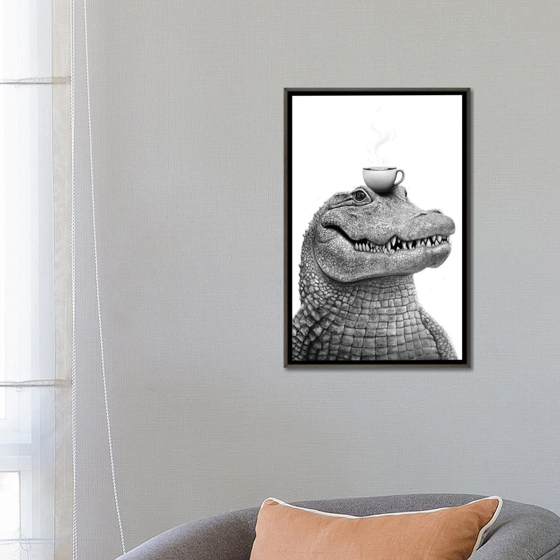 Crocodile avec café - reproduction d'art murale - toile encadrée, 26" x 18", Toile avec cadre, Grey