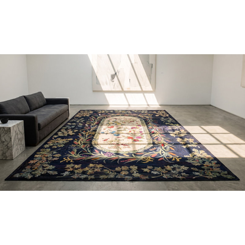 Blue Early 20th Century Antique Room Size Floral Inlay Pattern American Folk Art Hooked Rug