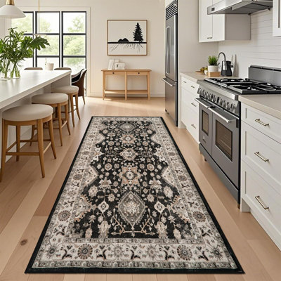Tapis de couloir lavable: Tapis antidérapant avec envers en caoutchouc Tapis de cuisine doux Tapis de ferme patiné pour le salon, la chambre et la salle de bain (noir)