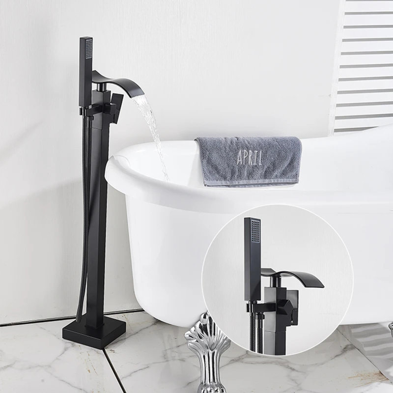 Floor Waterfall Faucet with Diverter, Matte Black