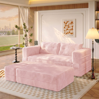 Canapé-lit King Size de 80 pouces, canapé profond en velours côtelé moelleux avec méridienne indépendante et couverture fonctionnelle, méridienne surdimensionnée convertible, rose