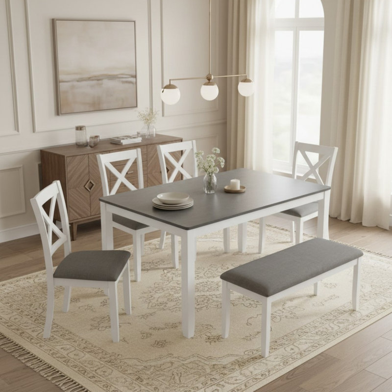 Ensemble de table de salle à manger 6 pièces, chaises en bois à dossier en X, banc rembourré, ferme moderne, salle à manger