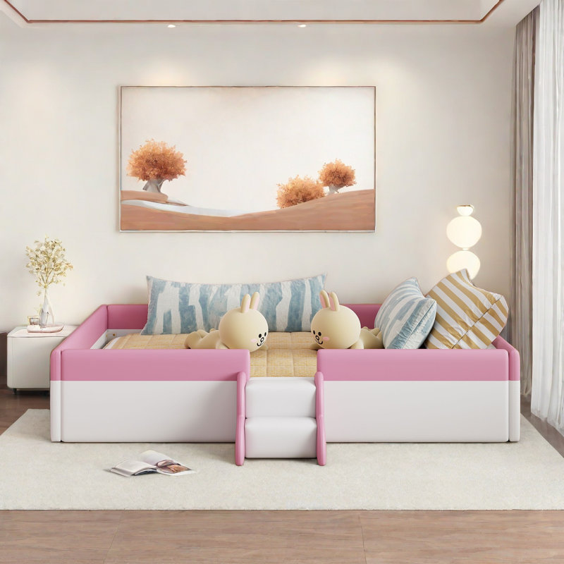 Floor Upholstered Kids Bed With Stairs, Queen, Pink/White