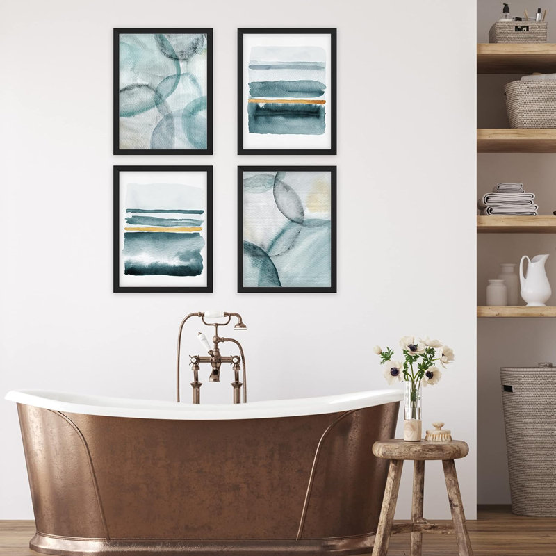 «Blue and Gold Watercolor Paint Strokes Abstract Shapes Abstract Minimalisme», impressions encadrées sur papier, impression de 4 pièces