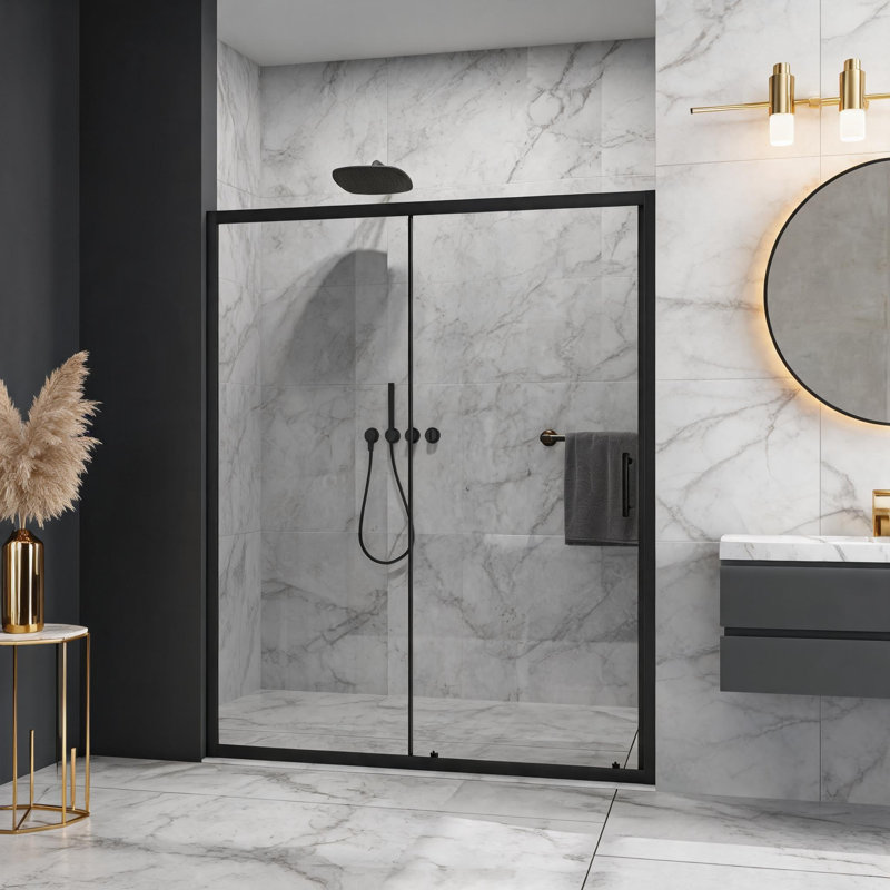 Porte de douche coulissante simple en acier inoxydable noir mat de 122 cm x 183 cm avec verre trempé transparent