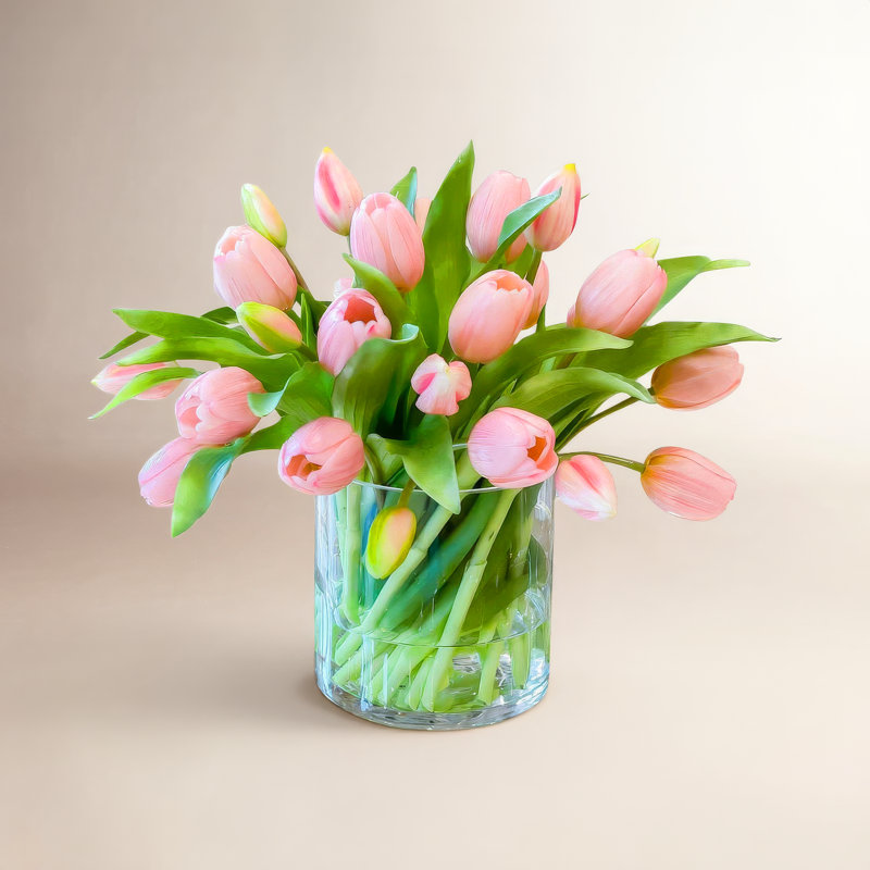 Real Touch Faux Tulip Arrangement In Glass Vase, Pink