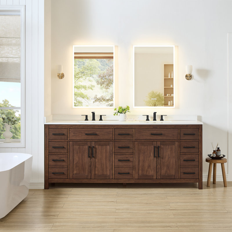 Beckett 84" Freestanding Double Bathroom Vanity with Quartz Top, Matte Black, Dark Walnut, White Quartz