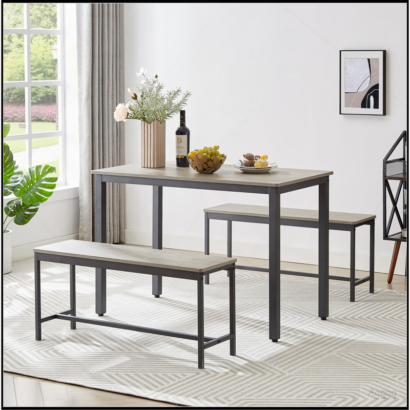 Ensemble de table de salle à manger, table de bar avec 2 bancs de salle à manger, comptoir de table de cuisine avec chaises, table de déjeuner industrielle pour la cuisine, salon, salle de réception, gris et noir, L 43,3 po x l 23,6 po x H 29,9 po
