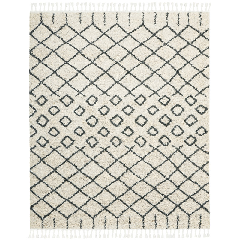Tapis géométrique ivoire / noir en polypropylène tissé à la machine, Rectangle 7 pi 10 po x 10 pi 6 po