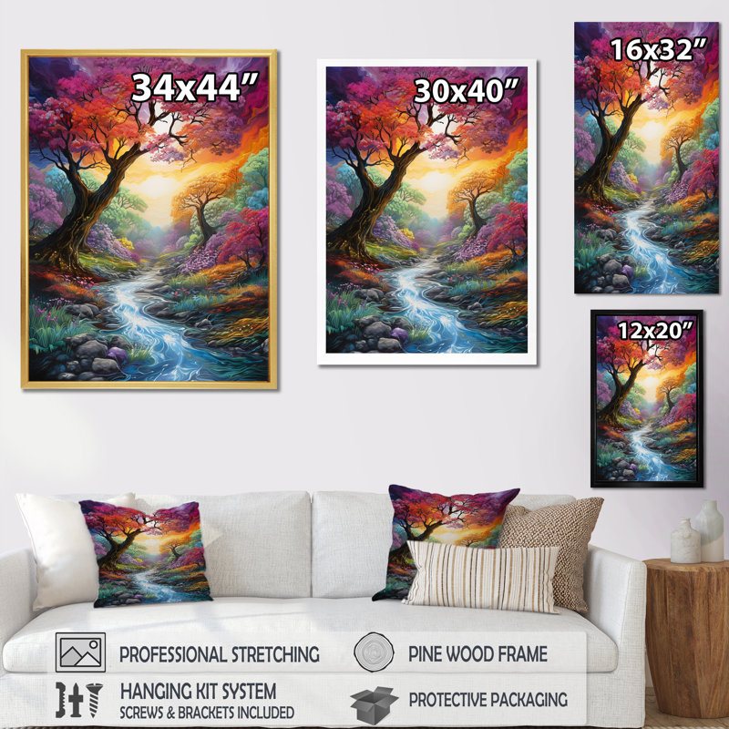 " Rainbow Forest Wonderland ", 32" H x 16" W x 1" D, Black Picture Framed