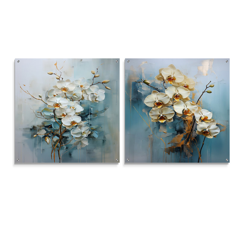Orchidée beige et or floral élégant I - Orchidées murales en acrylique, ensemble de 2 verres, H 16 po x l 33 po
