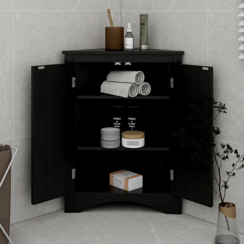 Armoire de rangement triangulaire pour salle de bain avec tablettes réglables, armoire de plancher autoportante, Noir