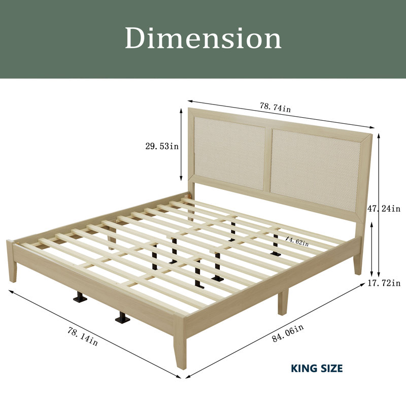 Solid Wood Platform Bed With Rattan, King