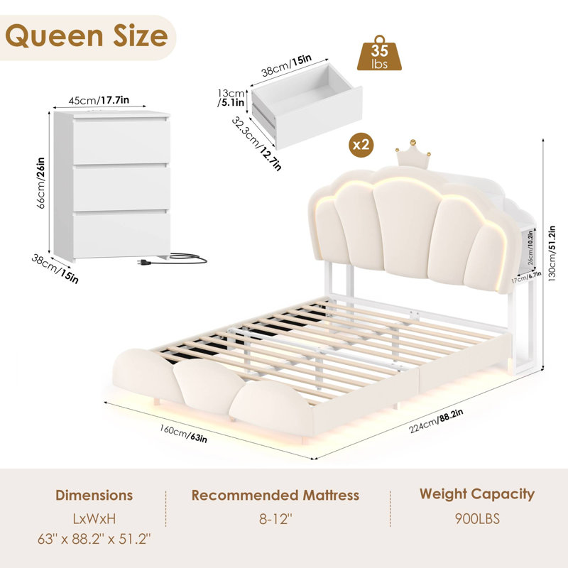 Ensemble de chambre à coucher 3 pièces EN VENTE, lit tête de lit flottant à DEL avec tablette de rangement et port de charge, 2 tables de chevet à 3 tiroirs avec port de charge