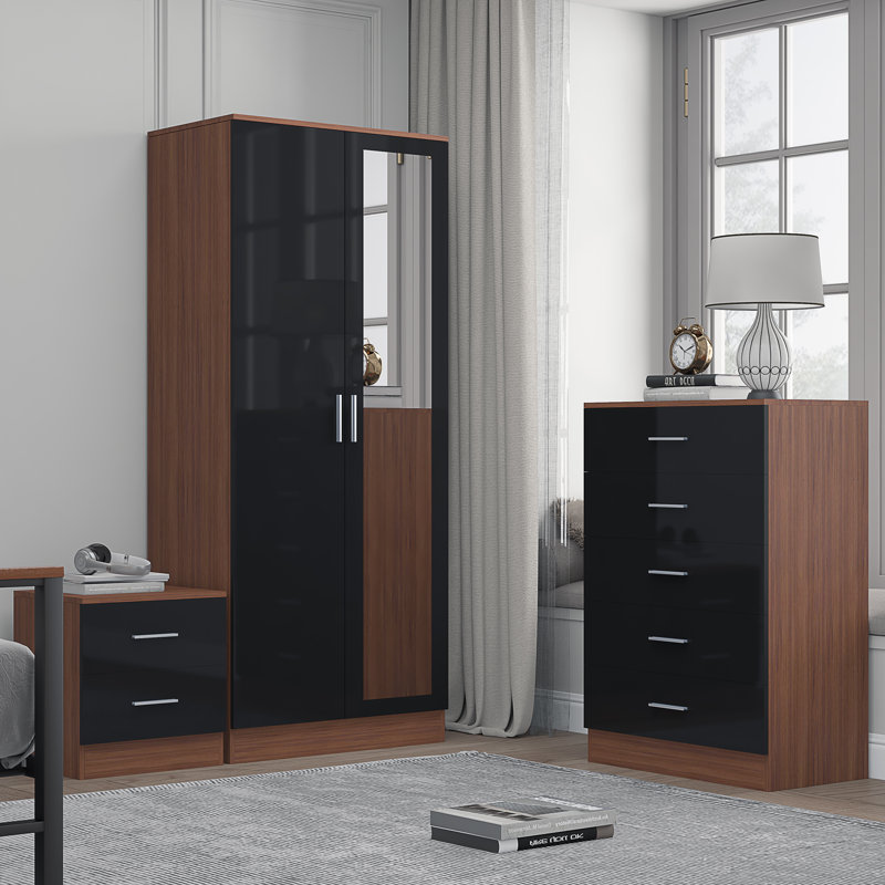 Eva Piece Bedroom Set, Black Gloss / Walnut