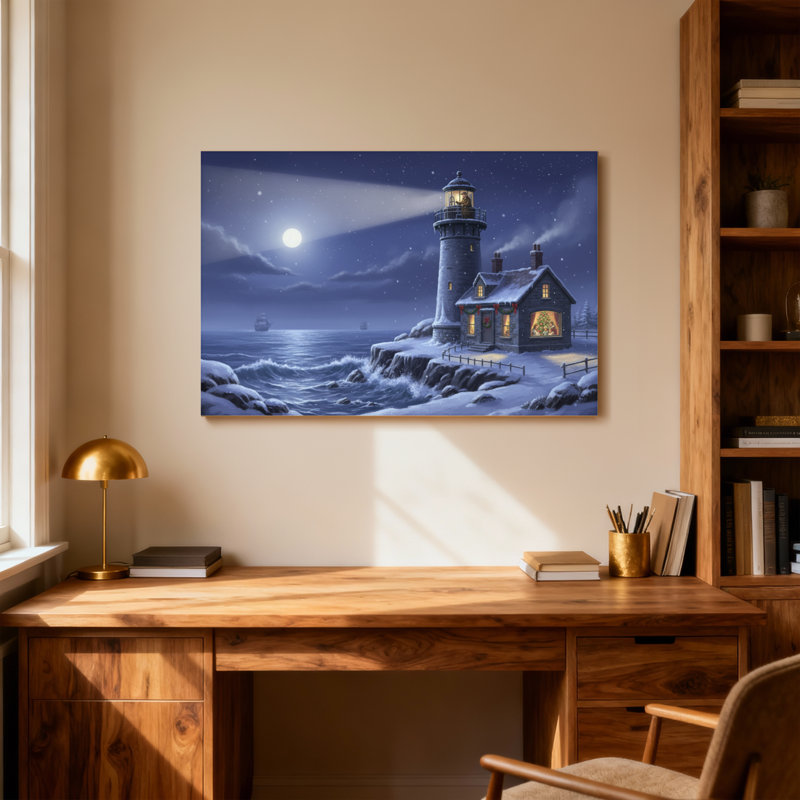 Phare de Noël au clair de lune, scène côtière d'hiver, paysage nocturne, rivage enneigé, H 20 po x l 30 po