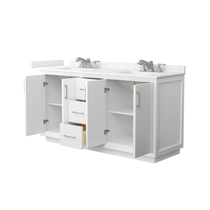 Strada 66" Freestanding Double Bathroom Vanity with Cultured Marble Top, White, Satin Bronze, Carrara Cultured Marble