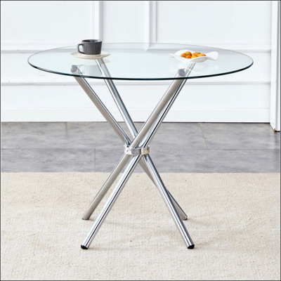 Table de salle à manger ronde en verre transparent avec une forme unique pour 4 à 6 personnes, avec des pieds en métal froncés en forme d'anneau, convenant aux bureaux, aux cuisines, aux terrasses et aux salles à manger
