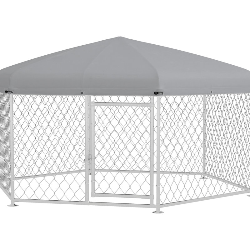 Piste pour chien extérieure - 6,9 pi x 6,1 pi 4,9 pi, toit, porte verrouillable, spacieuse pour les gros chiens, chenil argenté, imperméable,