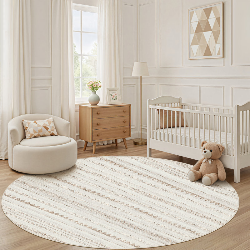Modern Geometric Area Rug Moroccan Washable Low Pile Carpet Non-Slip Abstract Pattern Soft Floor Mat, Round 8', Beige