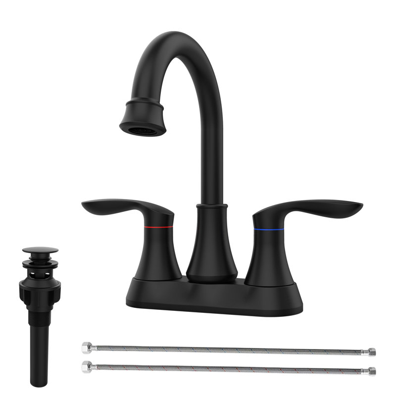 Two-Handle 4" Centerset Bathroom Sink Matte Black Faucet with Pop-Up Drain and High-Arc 360° Swivel Spout, Matte Black
