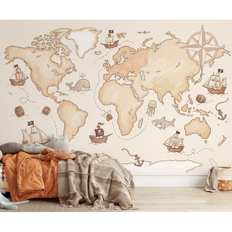 Papier peint carte du monde aventure nautique, Non tissé, 160 po x 108 po