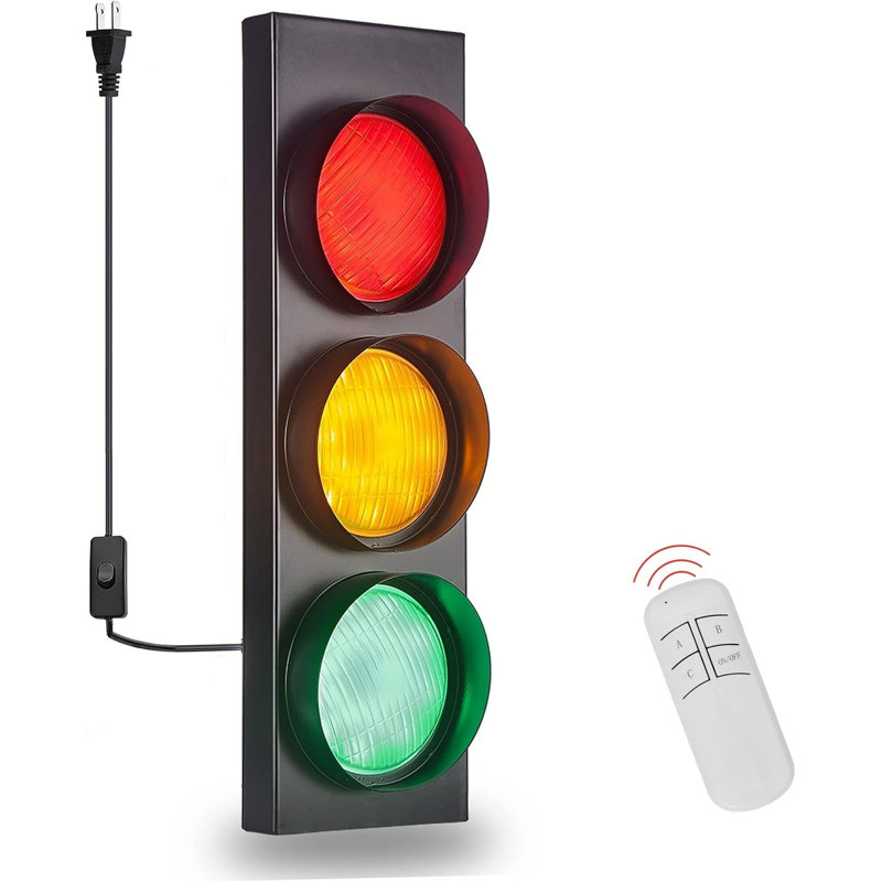 Industrial 18.5" Traffic Signal Wall Sconce - Remote Controlled 3-Light Stoplight with Frosted Glass & Metal Frame