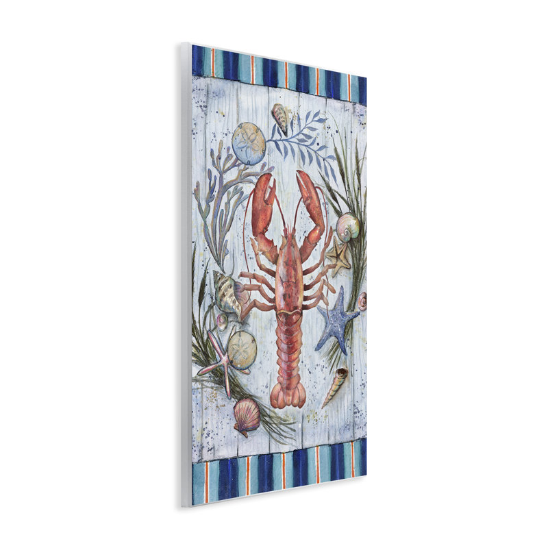 Art mural côtier couronne et homard par Geoff Allen, H 19 po x l 13 po