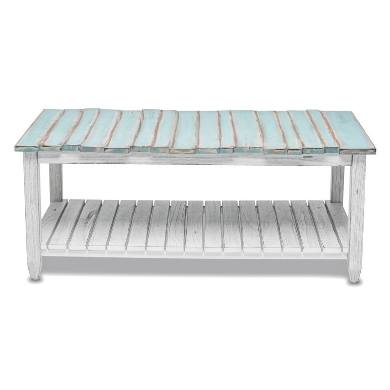 Decastro Solid Wood Coffee Table with Storage - Distressed White Wash Coastal, Blue/White