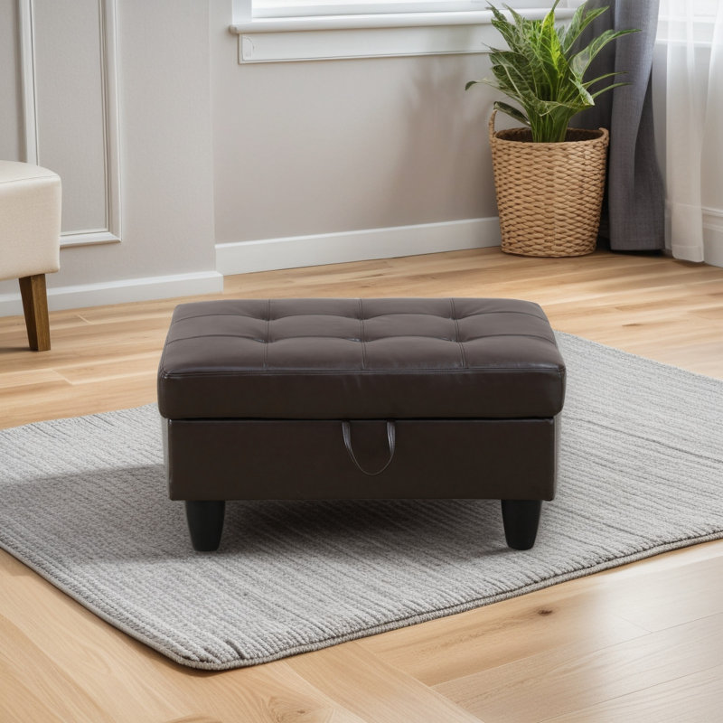 Faux Leather Ottoman, Black, Brown Faux Leather